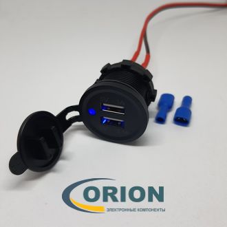 Автомобильный адаптер  5V 2100/1000mA с 2 USB разъемами влагозащищенный под гнездо прикуривателя ZK-33 синий индикатор