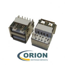 USBA-2FR Розетка на плату сдвоенная горизонтальная 2x4pin в разрез платы с фланцем