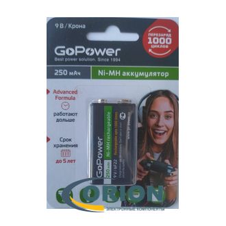 Аккумулятор 6F22/F8 (крона) 9V 250mАh NiMh GO POWER