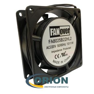 Вентилятор  80х80х25mm AC 220V 0.06A (качения) FANOVER FA8025B22HL2 с гибким отводом 310мм 2 pin