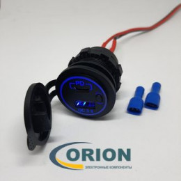 Автомобильный адаптер Разъём авто с USB QC3.0 + PD влагозащищенный под гнездо прикуривателя ZK-006 с вкл., синяя подсветка