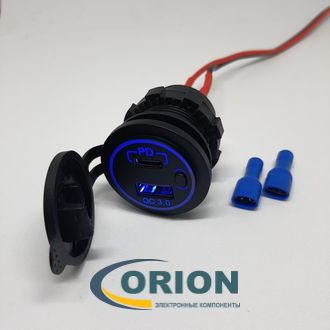 Автомобильный адаптер Разъём авто с USB QC3.0 + PD влагозащищенный под гнездо прикуривателя ZK-006 с вкл., синяя подсветка