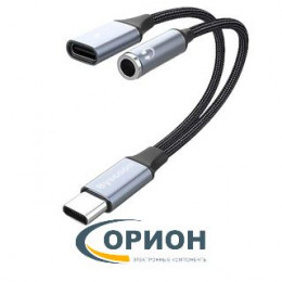 Переходник USB Type-C штекер - 3.5мм гнездо + Type-C гнездо (питание) с текстильным кабелем 0.12м