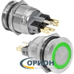 Кнопка GQ22-11E/G/N  12V зеленая подсветка ON-(OFF)+OFF-(ON) 220V 5A IP65 (плоская/клеммы)
