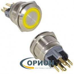 Кнопка GQ22-11E/Y/N  12V желтая подсветка ON-(OFF)+OFF-(ON) 220V 5A IP65 (плоская/клеммы)