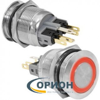 Кнопка GQ22-11E/R/N  12V красная подсветка ON-(OFF)+OFF-(ON) 220V 5A IP65 (плоская/клеммы)